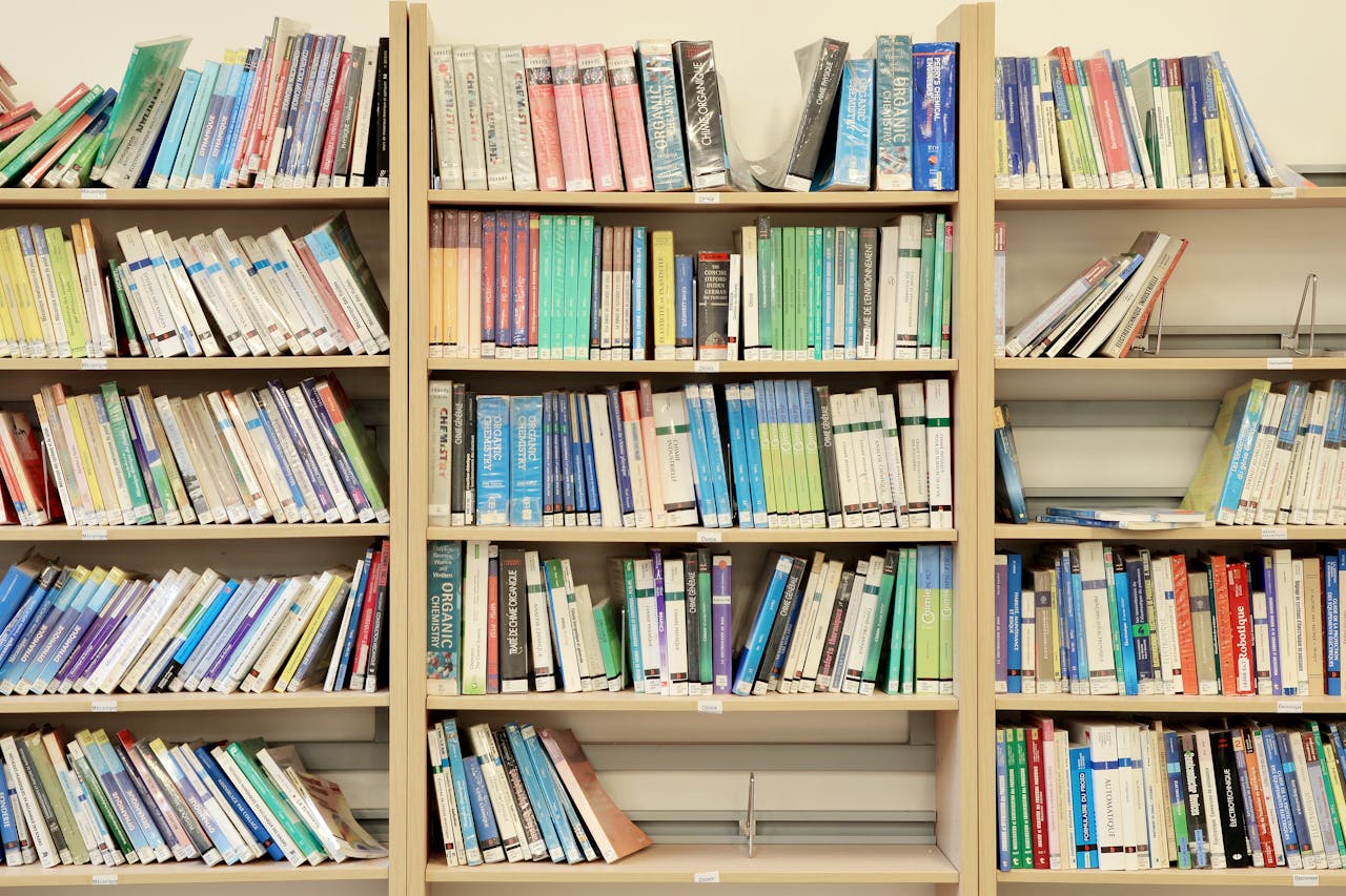 Vibrant books neatly arranged on library shelves in Fès, Morocco.