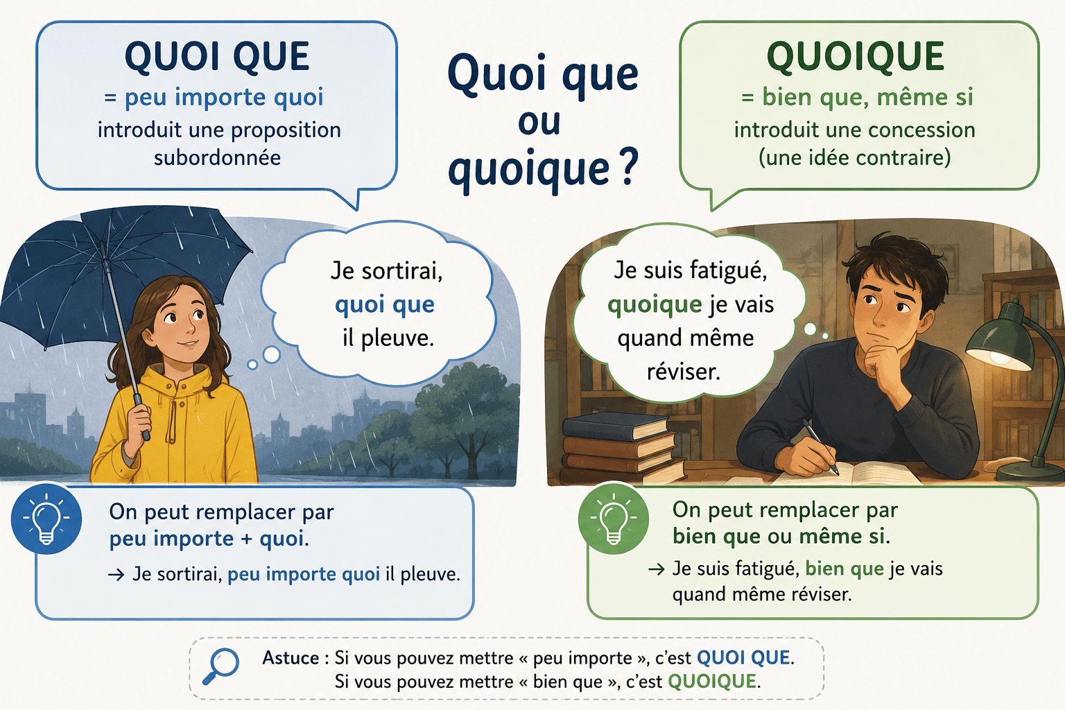 Illustration de l'interrogation sur qoui que ou quoique dans la langue française