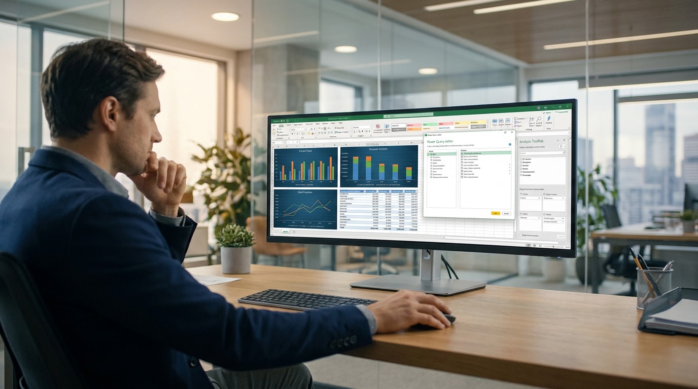 Un professionnel analysant des données complexes sur Excel avec Power Query sur un écran large dans un bureau moderne.