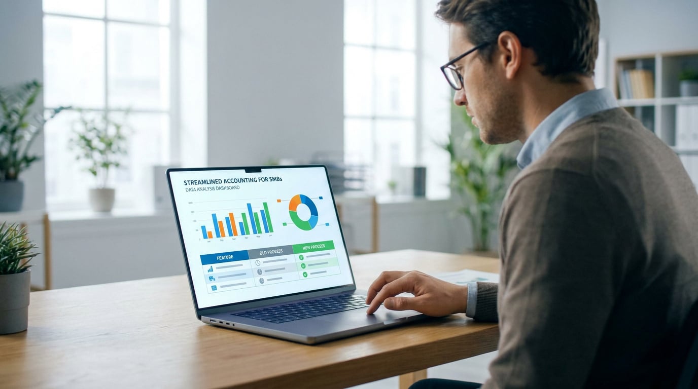 Un homme travaillant sur un ordinateur portable affichant un tableau de bord comptable avec des graphiques.