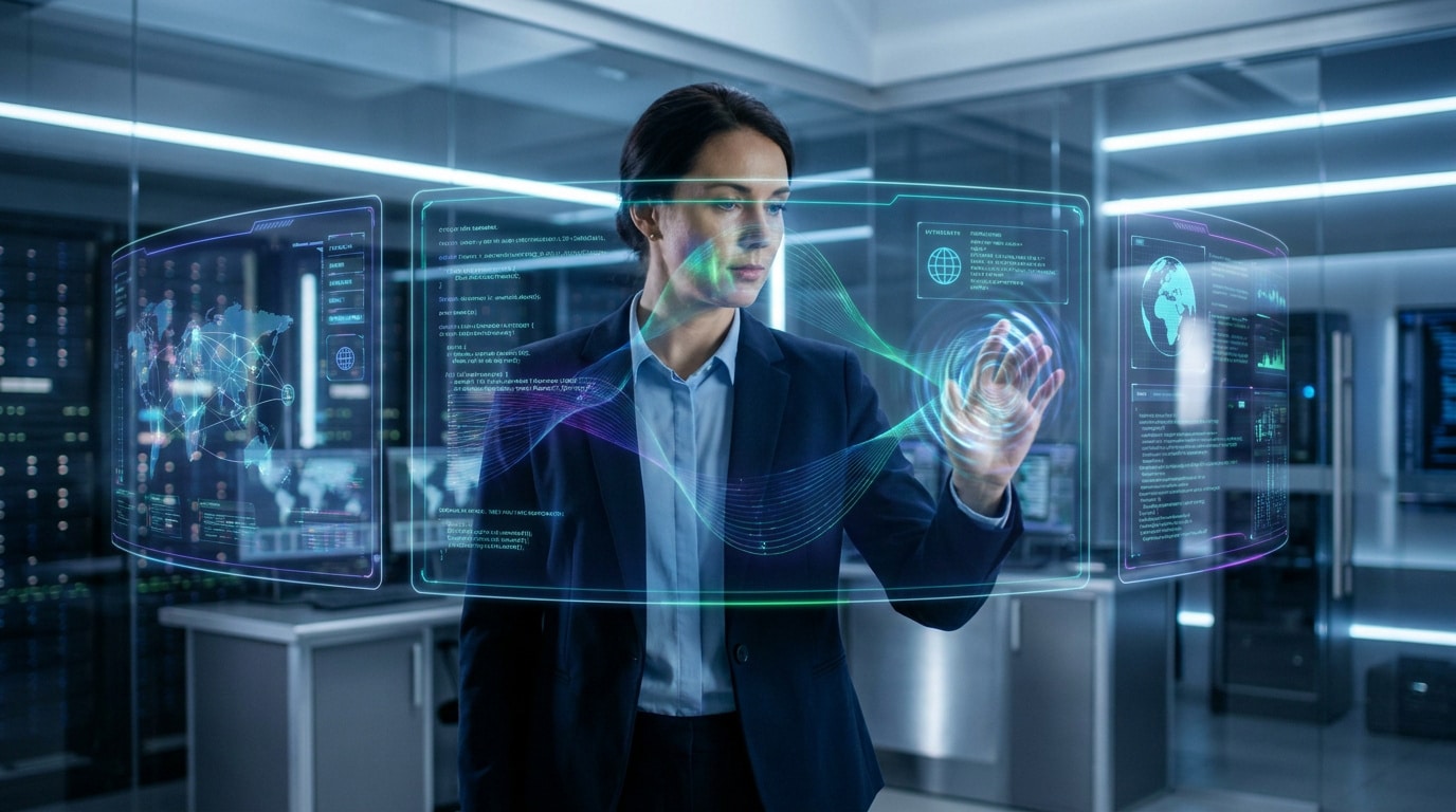Une consultante en cybersécurité interagissant avec des écrans holographiques de données dans une salle de serveurs.