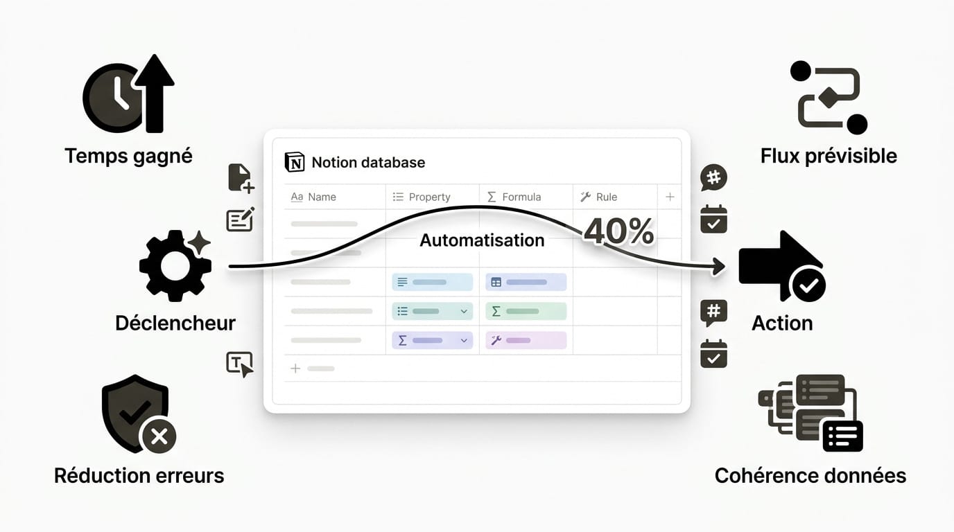 Schéma des déclencheurs et actions pour l'automatisation Notion en entreprise