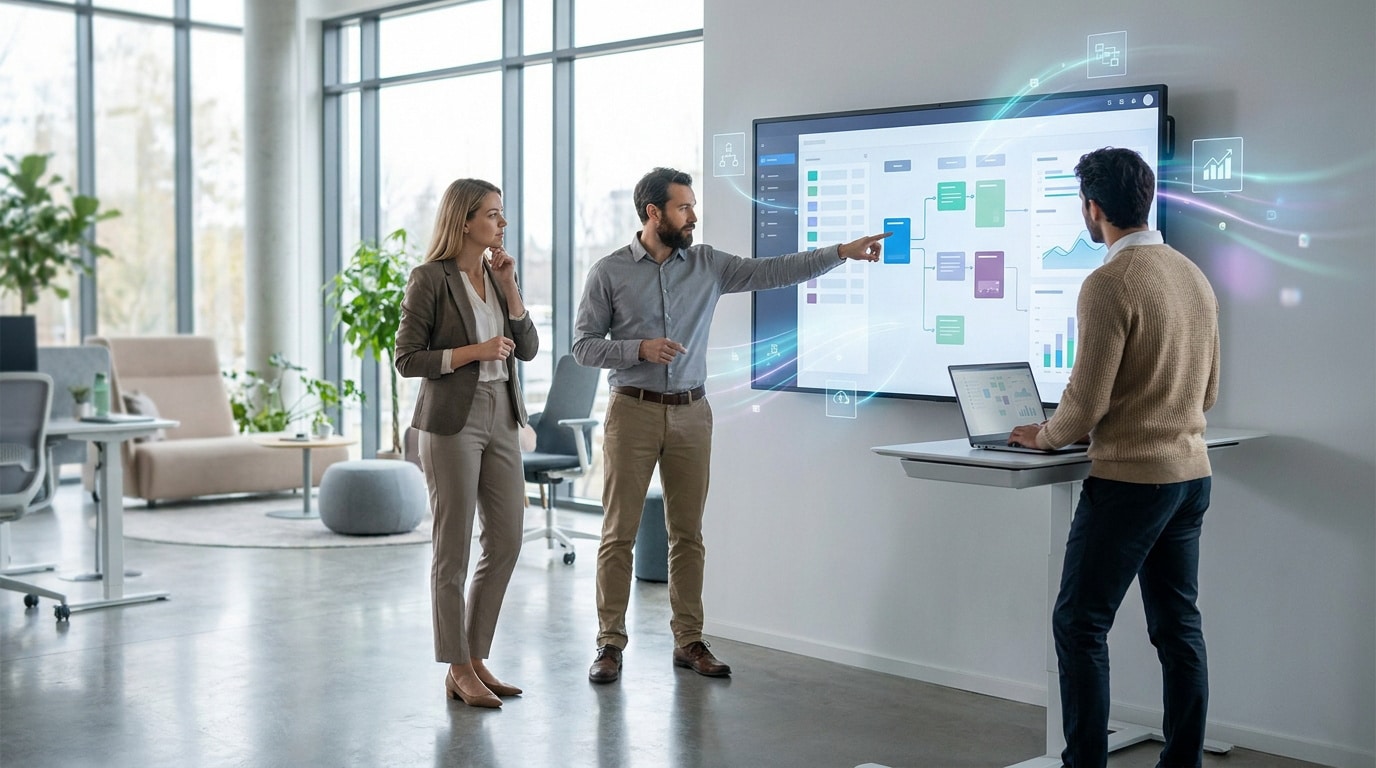 Trois collègues collaborent sur une stratégie d'automatisation Notion devant un écran interactif dans un bureau moderne.