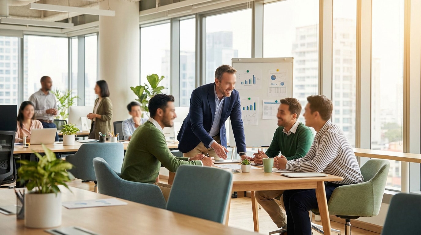 Équipe diversifiée collaborant dans un bureau moderne lumineux avec un leader souriant.