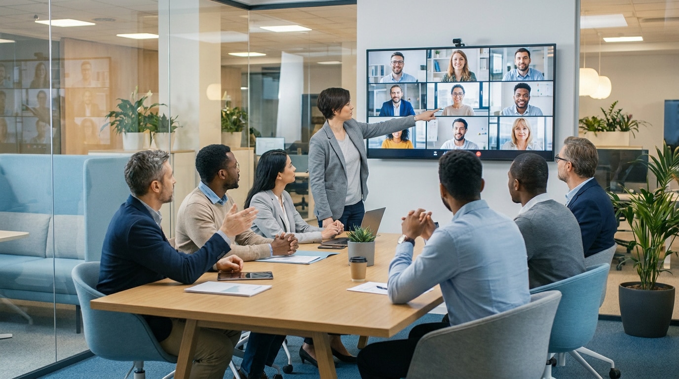 Une équipe en réunion hybride avec une présentatrice pointant un écran affichant des collaborateurs en visioconférence.