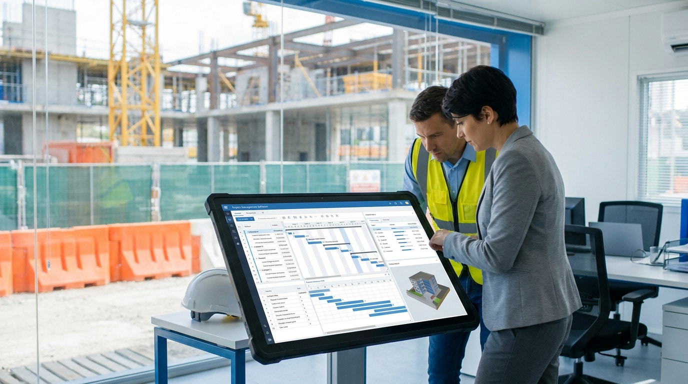 Un homme en gilet de chantier et une femme en blazer examinant un logiciel de gestion sur un écran tactile.