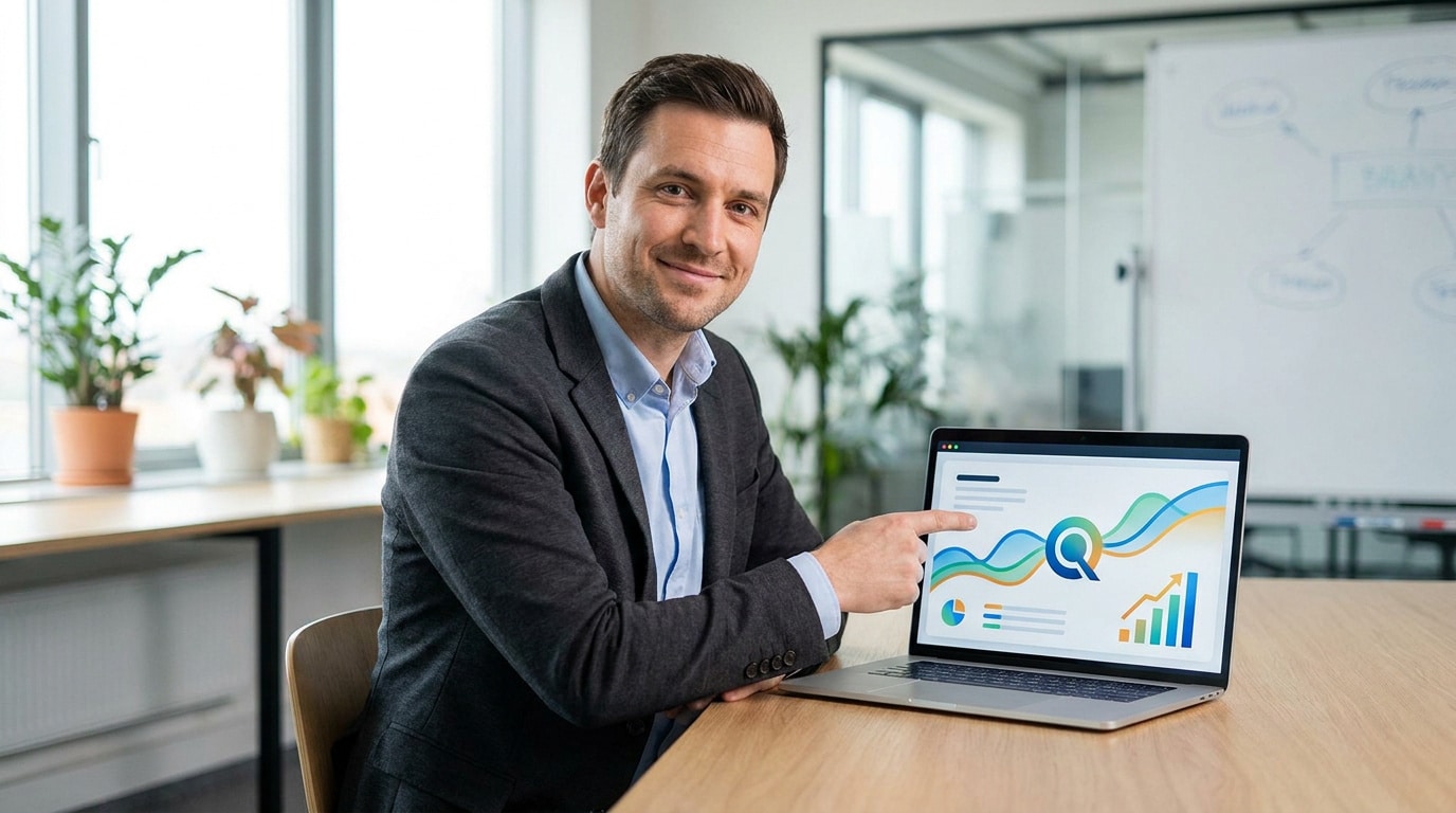 Formateur professionnel présentant des statistiques de croissance sur son ordinateur portable dans un bureau moderne.
