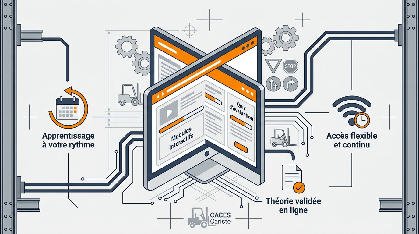Apprenant suivant un module de formation CACES cariste théorique sur ordinateur