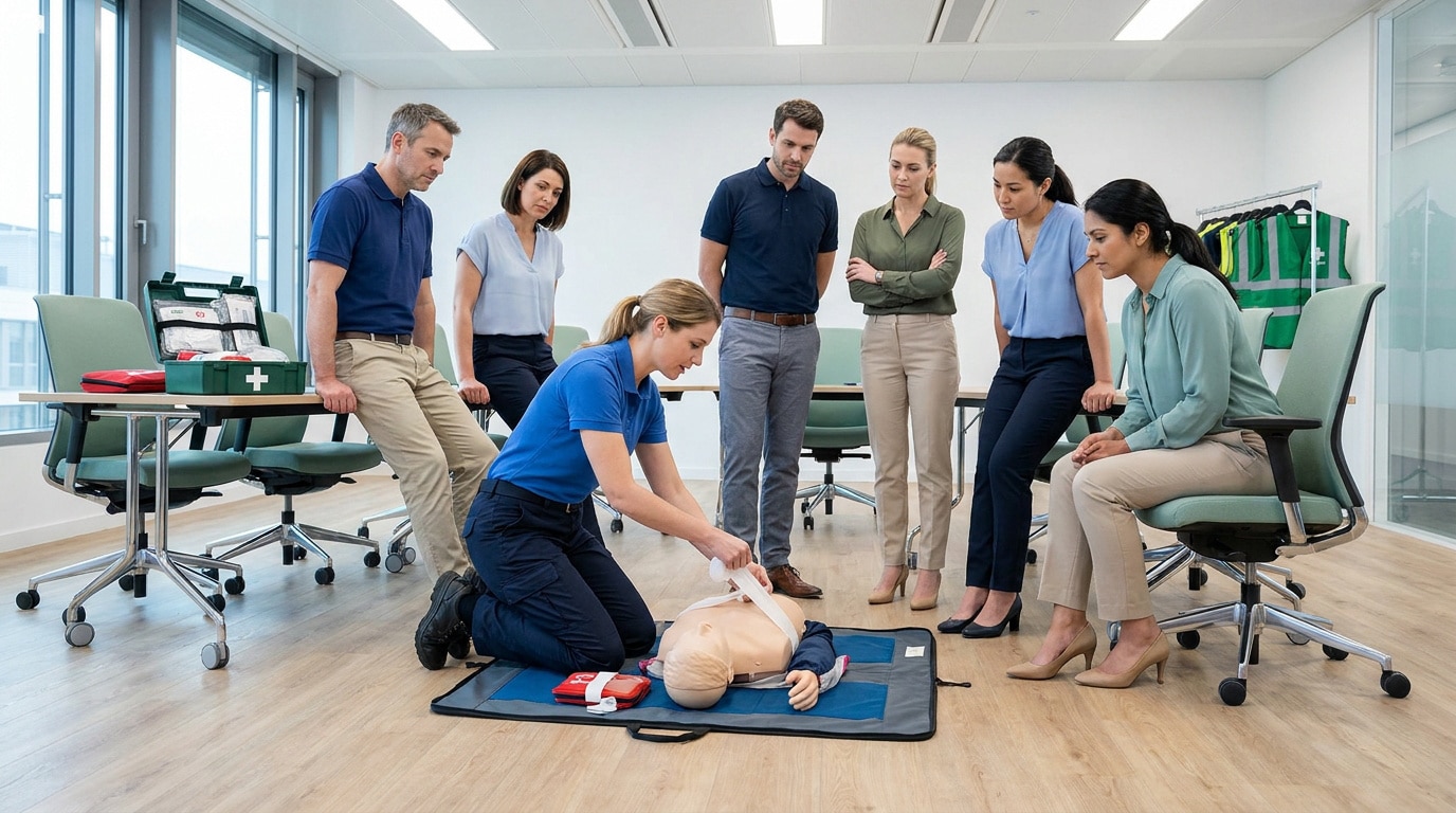 Une formatrice montre comment poser un bandage sur un mannequin de secourisme à un groupe d'employés attentifs.
