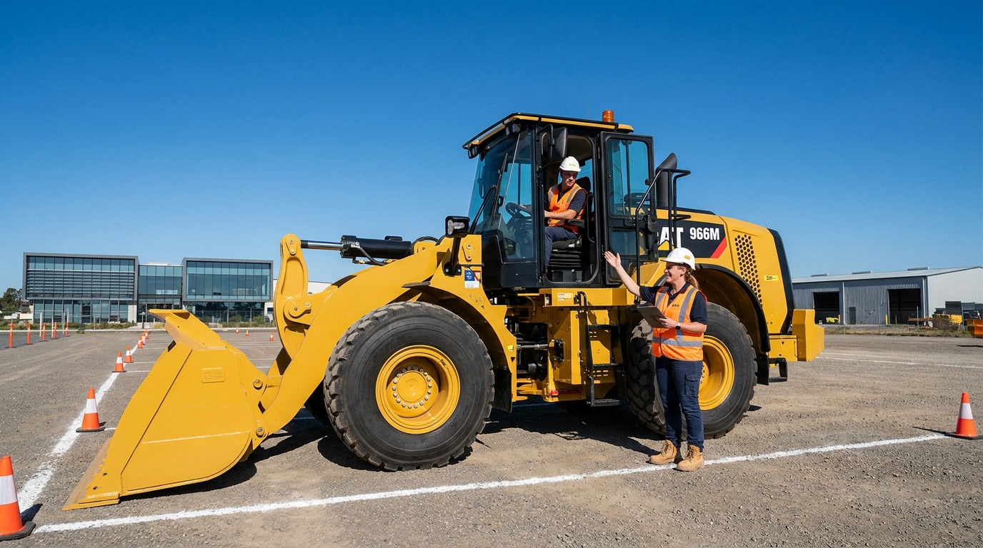 Une formatrice et un élève devant une chargeuse Caterpillar 966M lors d'une session de formation CACES R482.