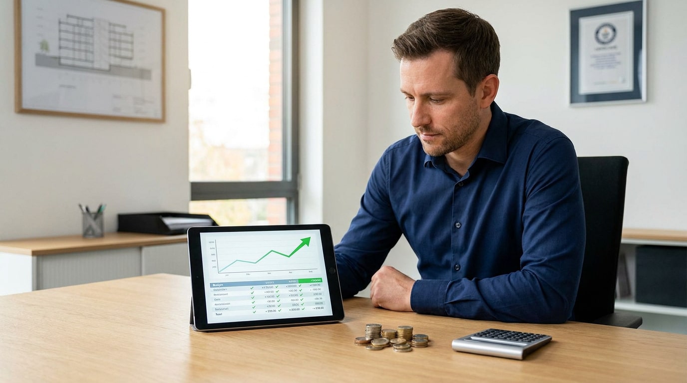Un homme d'affaires consulte des données financières sur une tablette numérique avec des pièces et une calculatrice.