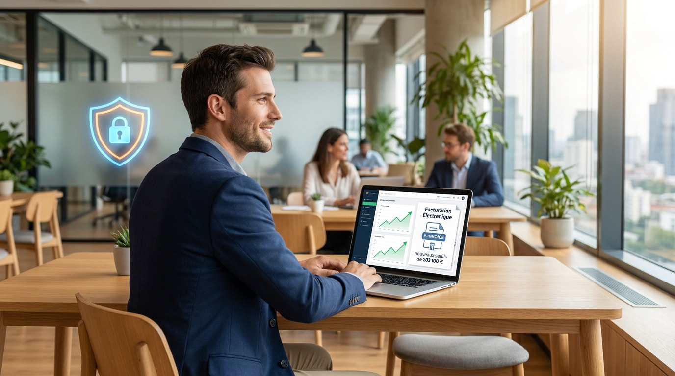 Un entrepreneur travaillant sur un ordinateur portable affichant la facturation électronique dans un bureau moderne.