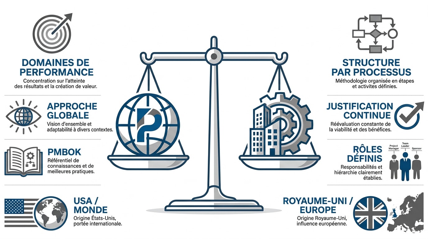 Comparaison visuelle entre les certifications PMP et PRINCE2