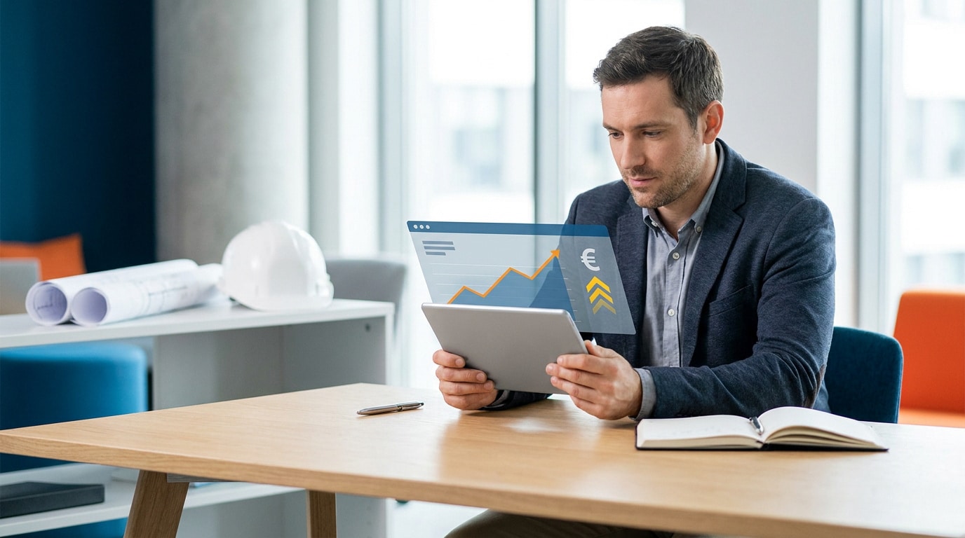 Un homme en costume utilisant une tablette avec un graphique financier en surimpression dans un bureau.