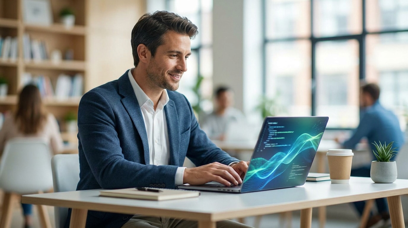 Un homme en costume souriant devant un ordinateur portable affichant du code informatique.
