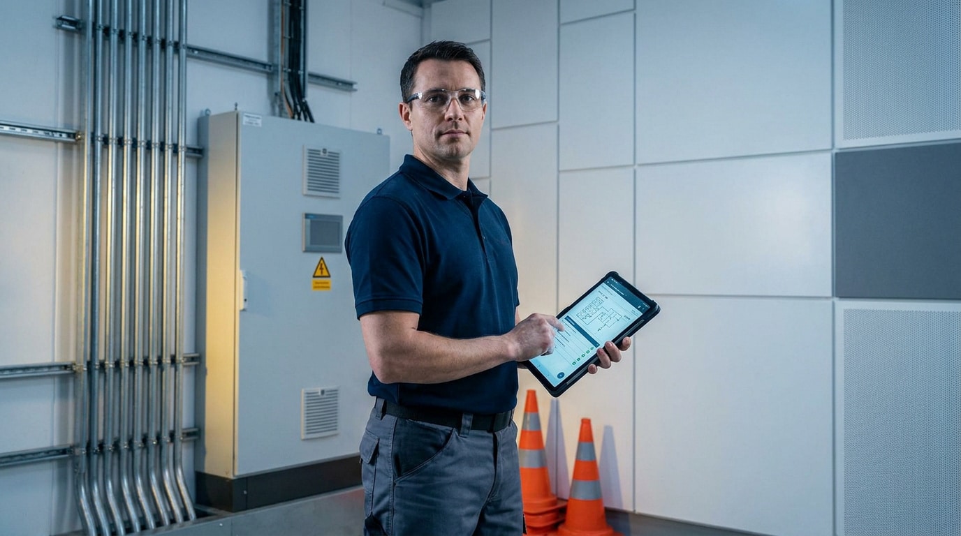 Technicien portant des lunettes de protection, utilisant une tablette devant une armoire électrique industrielle.