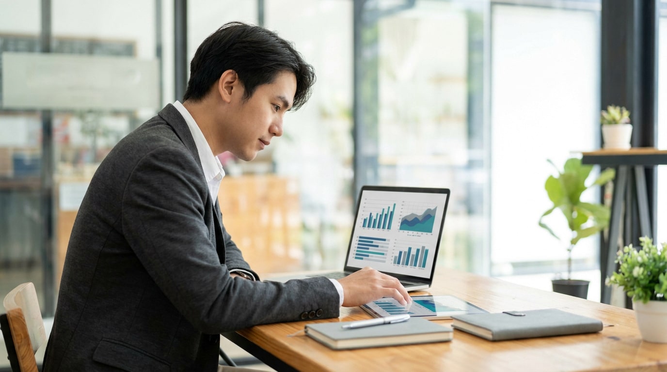 Jeune entrepreneur en costume travaillant sur un ordinateur affichant des graphiques financiers au bureau.