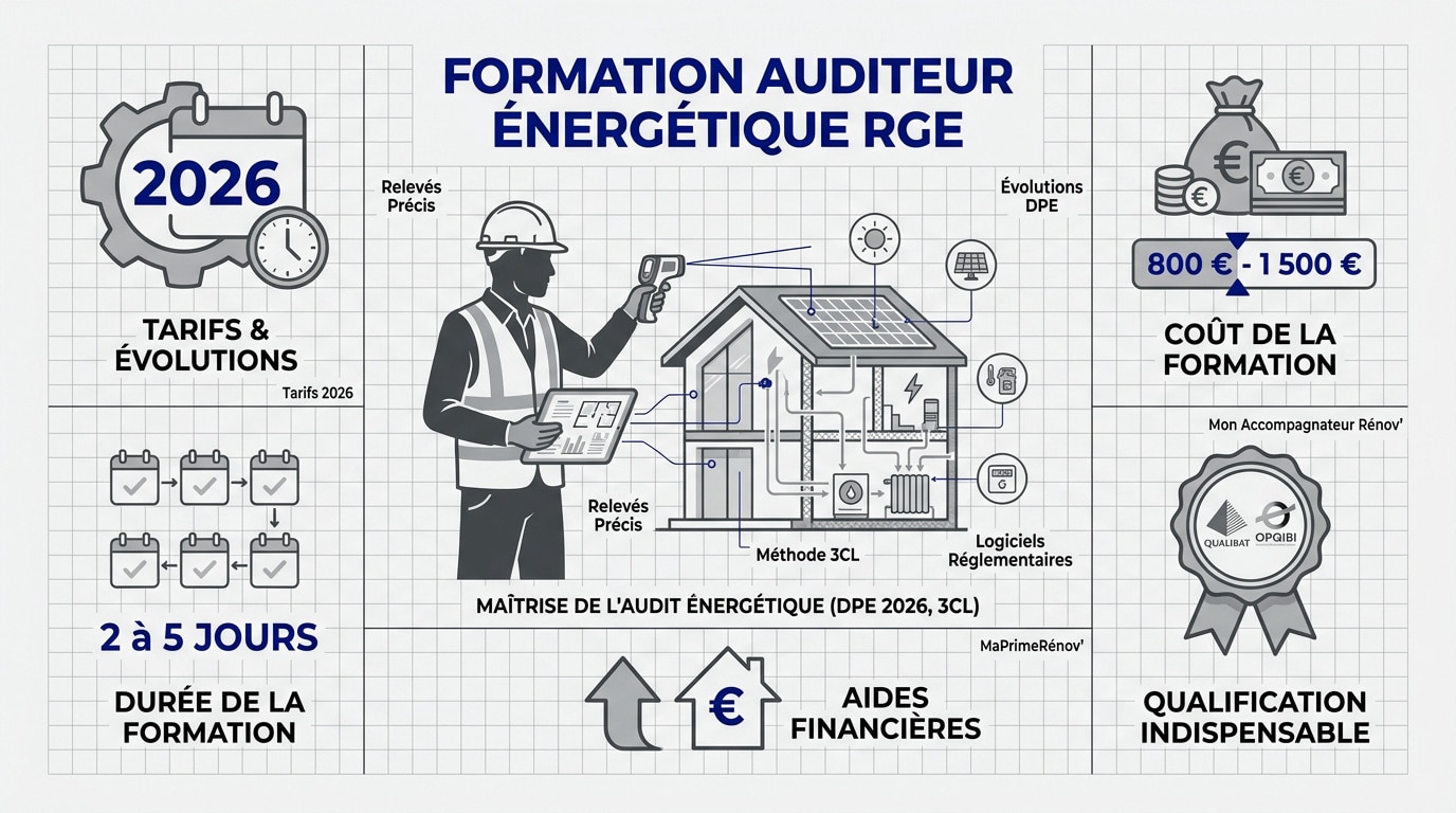 Tableau récapitulatif des tarifs et financements pour la formation audit énergétique RGE 2026