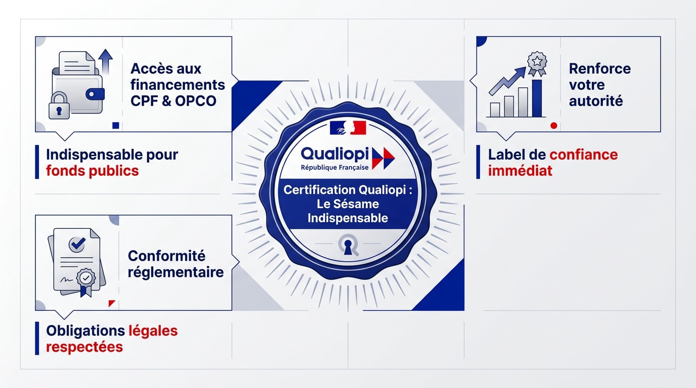 Infographie expliquant les piliers Qualiopi : accès aux fonds, autorité et conformité réglementaire