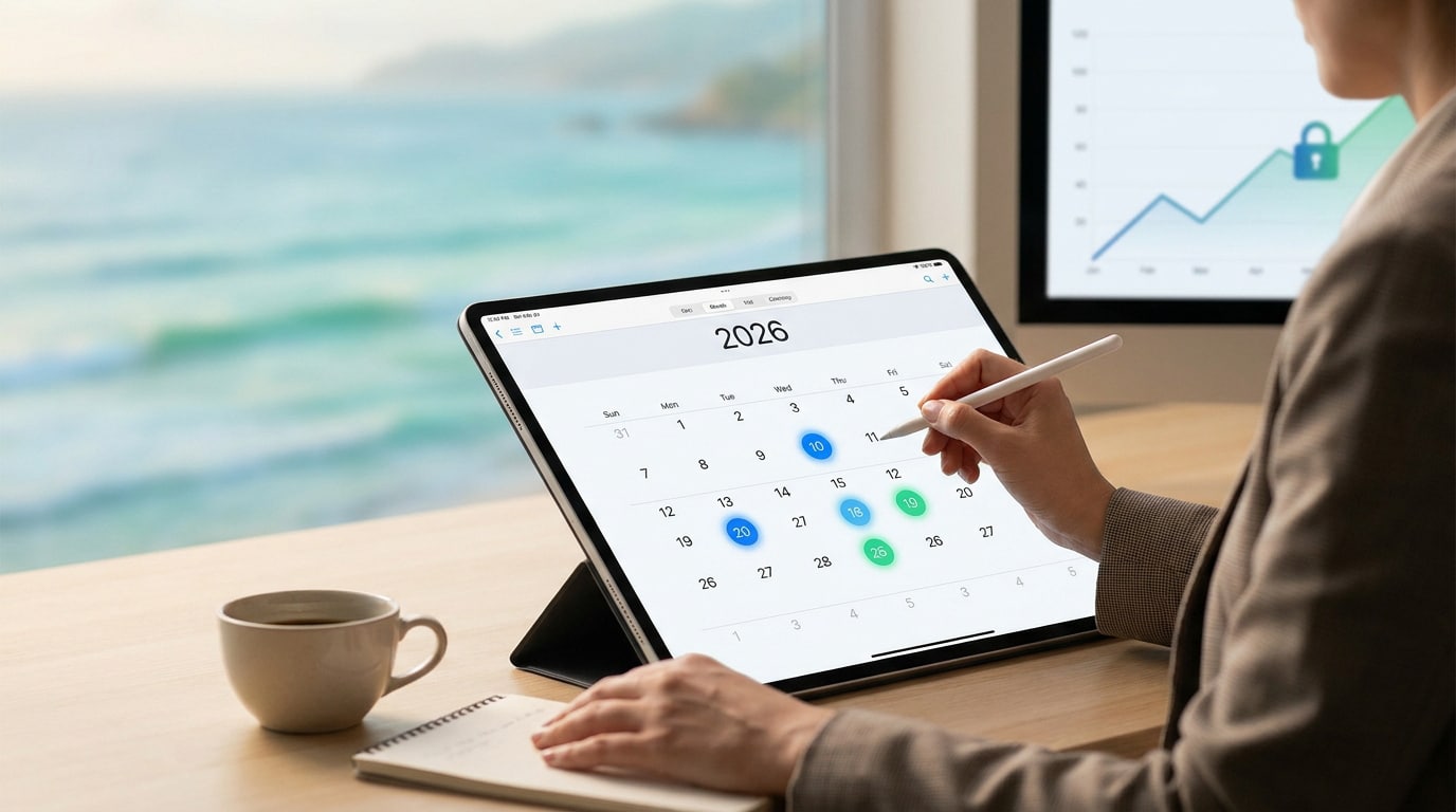 Une personne utilise un stylet sur une tablette affichant un calendrier 2026 devant une fenêtre donnant sur la mer.