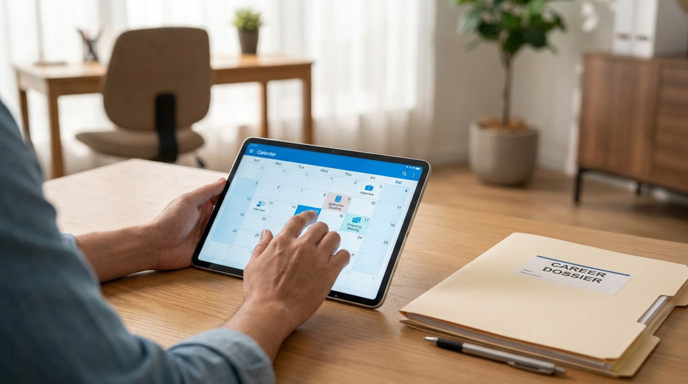 Personne consultant un calendrier numérique sur tablette pour planifier les dates de commission Transition Pro Normandie.