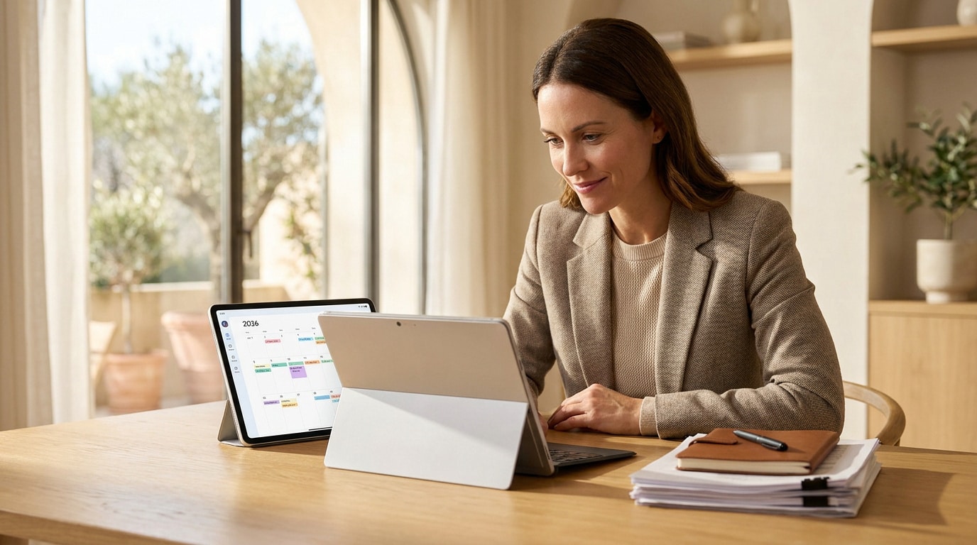 Une femme souriante travaillant sur une tablette avec un calendrier affiché en arrière-plan.