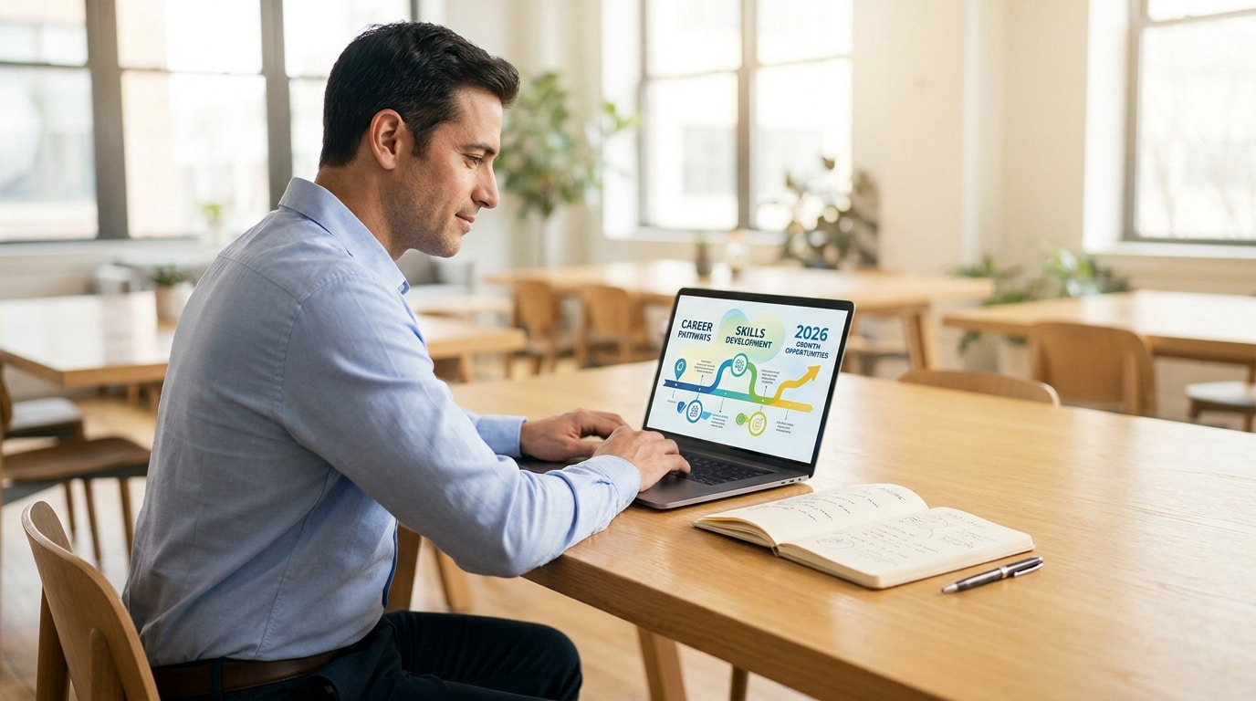 Homme en chemise bleue travaillant sur un ordinateur portable affichant un graphique sur le développement des compétences.