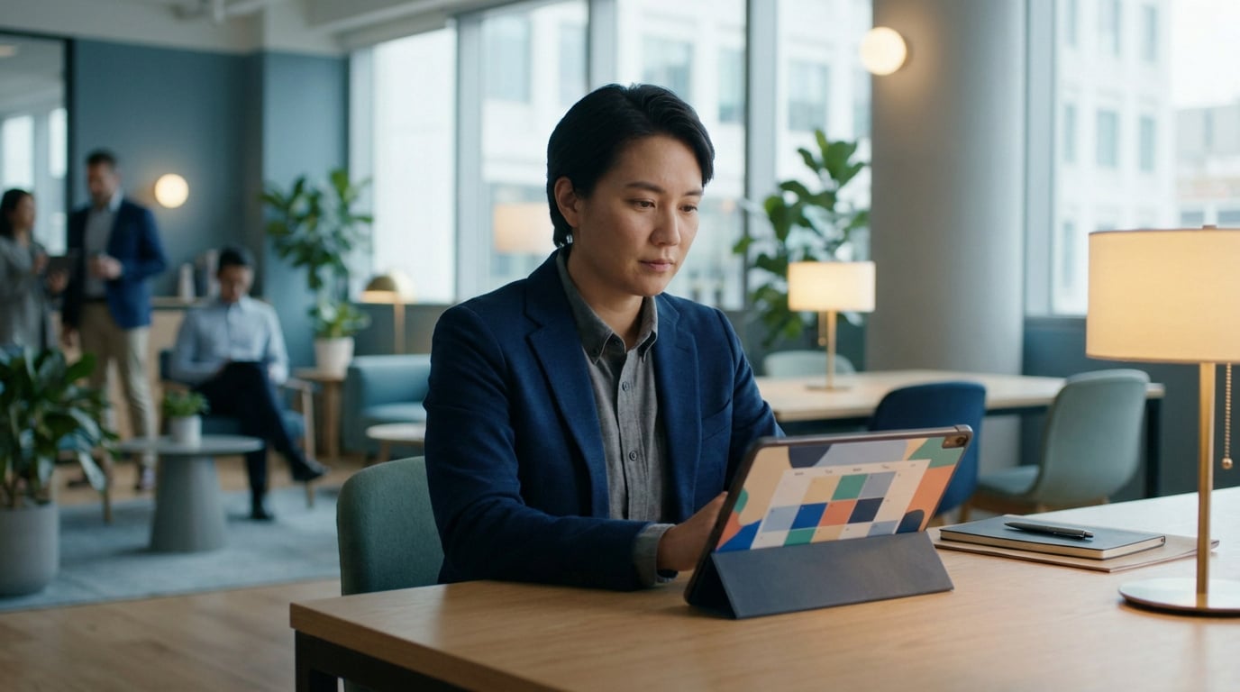 Une personne consulte un calendrier sur une tablette dans un bureau professionnel moderne.