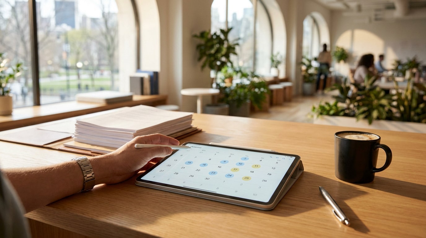 Main utilisant un stylet sur une tablette affichant un calendrier dans un bureau lumineux.
