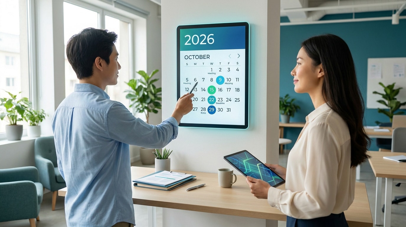 Un homme et une femme organisent leur calendrier professionnel 2026 sur un écran mural interactif dans un bureau.