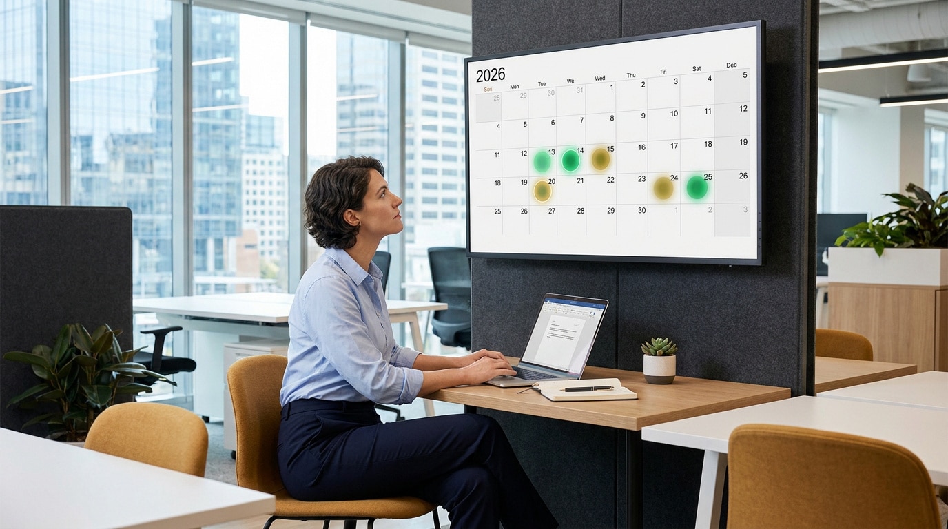 Une femme assise à un bureau regarde un calendrier affiché sur un écran montrant des dates de commission pour 2026.