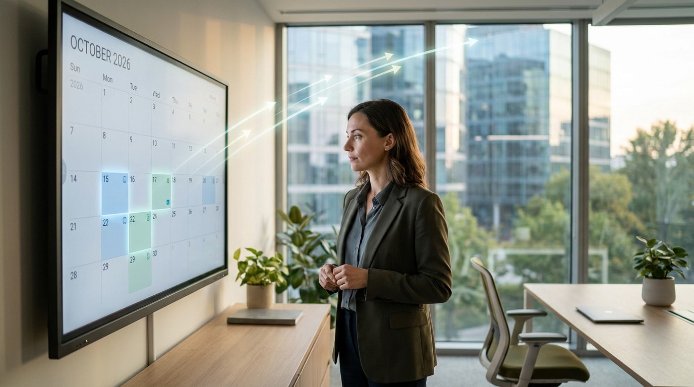 Une femme d'affaires regarde un calendrier numérique interactif affichant octobre 2026 dans un bureau moderne lumineux.